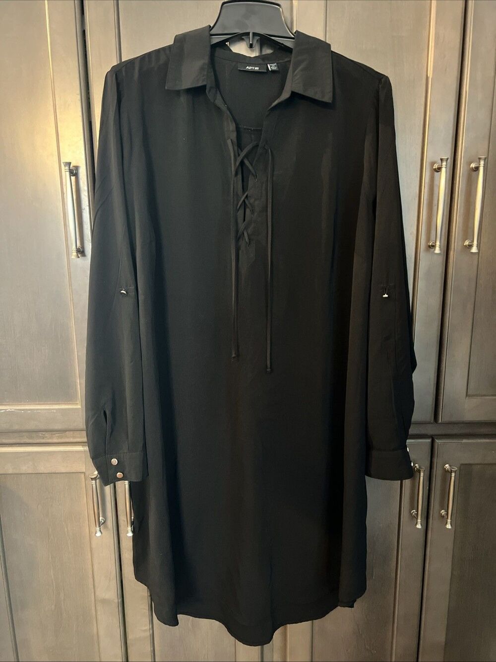 Apt 9 Women's Plus MIDI 1X Black Lattice Collared Roll Tab Shirt Dress
